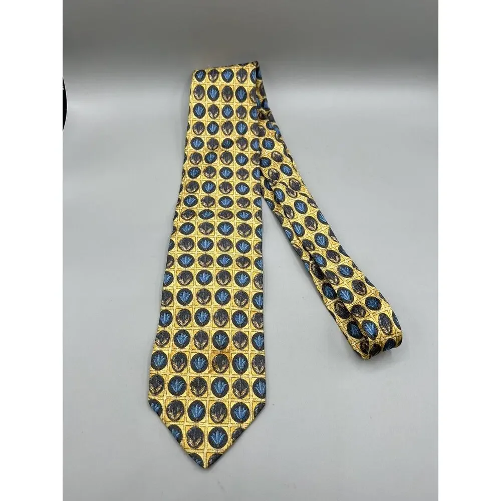 Ermenegildo Zegna Silk Tie Gold Blue Geometric‎ Floral Medallion Made in Italy